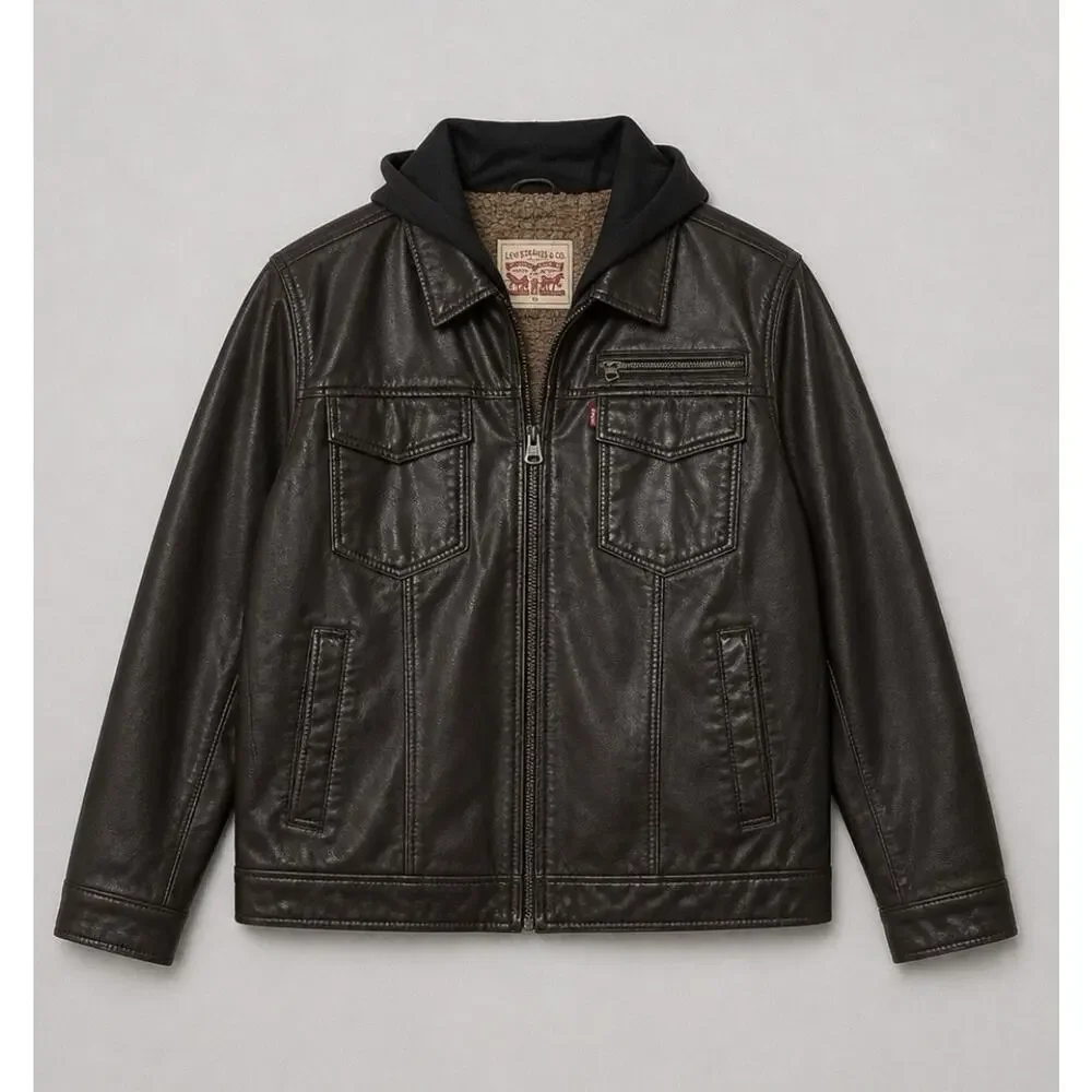 Levi’s Faux Leather Classic Motorcycle Trucker Jacket Brown Mens Size XXL